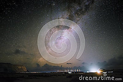 Milky way on Easter lsland and Moai at night, Chile Stock Photo