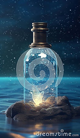 Milky Way exists in a bottle that floats in the sea at night Stock Photo