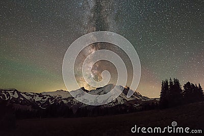 Milky Way Galaxy behind Mount Rainier Stock Photo