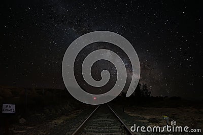 A railway line in the Spanish province at night with the Milky Way in the sky. Stock Photo