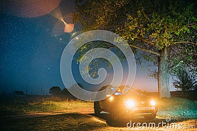 Milky Way Galaxy In Night Starry Sky Above Tree In Summer Forest. Glowing Stars Above Landscape. View From Europe Editorial Stock Photo