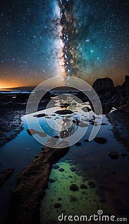 Milky Way Galaxy reflected on the coastline with rock tidepools. Stock Photo