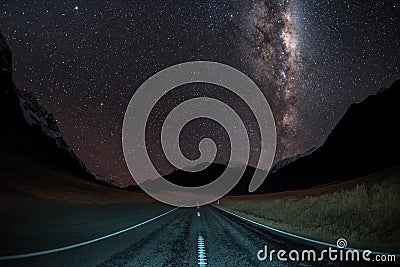 Night sky image Milky Way Galaxy right in the middle of a road Stock Photo