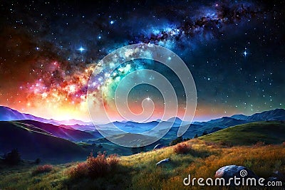 The Milky Way nestled between mountains adorns the night sky in cosmic hues Stock Photo