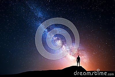 Milky Way. Night sky with stars and silhouette of a man Stock Photo
