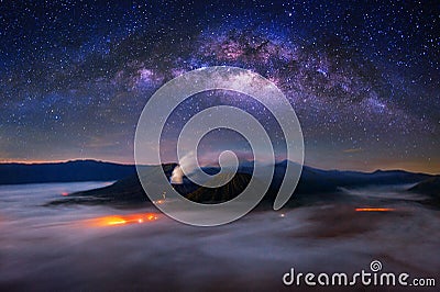 Milky way over Bromo Mount in Bromo Tengger Semeru National Park. Stock Photo