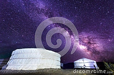 Milky way over ger camp in Mongolia gobi desert Stock Photo