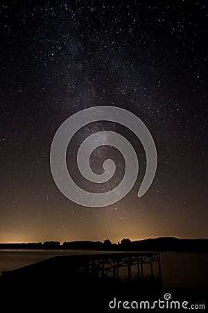 Milky Way over the lake at sunset Stock Photo