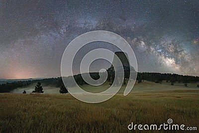 Milky Way Panorama over Devils Tower in Wyoming Stock Photo