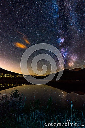 Milky Way Reflection in Lily Lake Colorado Landscape Stock Photo