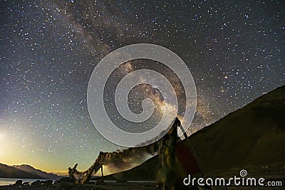 The Milky Way rises over pangong lake leh ladakh in Leh India ,Long exposure photograph Stock Photo