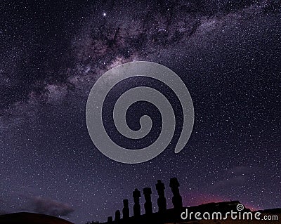 Milky Way Shows Above Moai On Easter Island, Chile Stock Photo