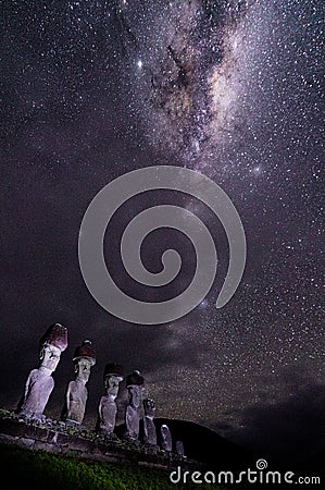 Milky Way Shows Above Moai On Easter Island, Chile Stock Photo