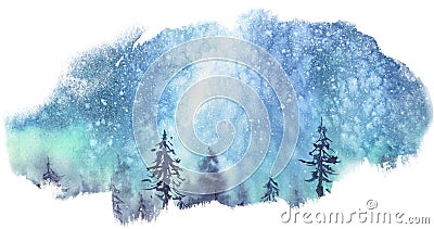 Milky Way stars over the forest. Watercolor stains Stock Photo