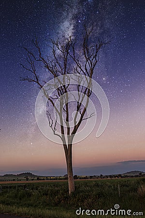Milky way stars shine bright over rural farmlands Stock Photo