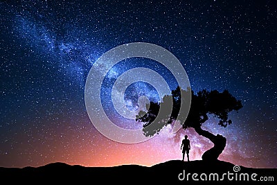 Milky Way, tree and silhouette of alone man. Night landscape Stock Photo