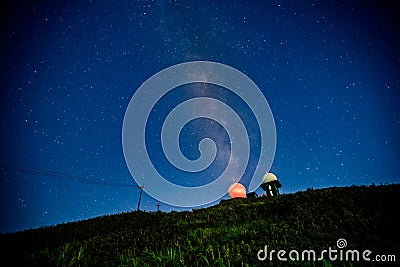 Milky Way: Watch the night view of the starry sky. The radome glows red. Stock Photo