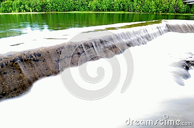 Milky white river water flowing over concrete barrier with lush summer forest Stock Photo