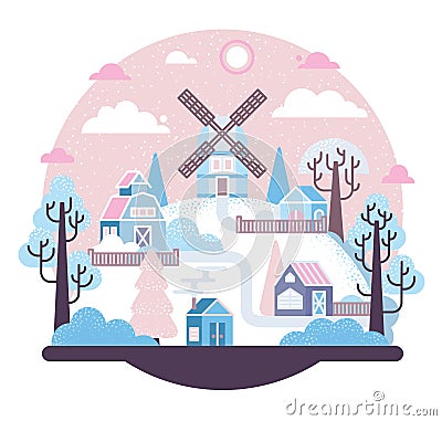 Mill, barn and three village houses on a hill, snowy morning - vector cartoon illustration Vector Illustration