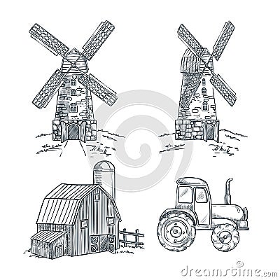 Mill, barn and tractor vector sketch illustration. Farming and harvesting hand drawn design elements Vector Illustration