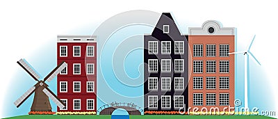 Mill, building and bridge in the Netherlands. Vector Illustration