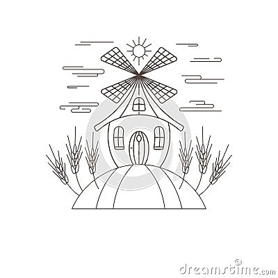 Mill. Contour image on a white background. Vector Illustration