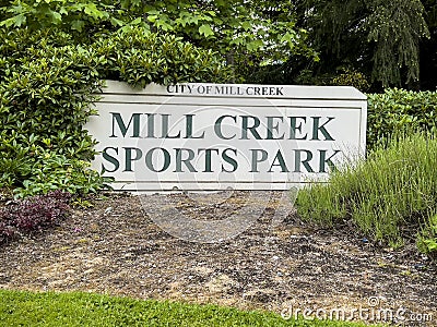 Mill Creek, WA USA - circa July 2022: Close up view of then entrance sign to Mill Creek Sports Park Editorial Stock Photo