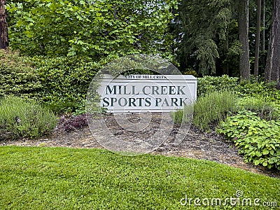 Mill Creek, WA USA - circa July 2022: Close up view of then entrance sign to Mill Creek Sports Park Editorial Stock Photo