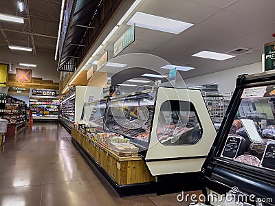 Mill Creek, WA USA - circa March 2023: Wide view of the meat and seafood department inside a Sprouts Farmers Market Editorial Stock Photo