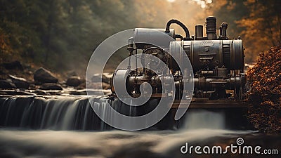 mill in the mountains Steam punk waterfall of energy, with a landscape of metal pipes and wires, with a Waterfall in autumn Stock Photo