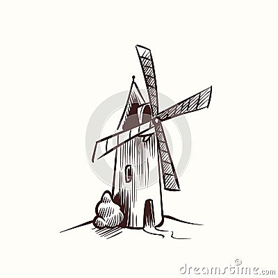 Mill sketch. village old rural windmill on agriculture ecology field of netherlands farm vector doodle hand drawing Vector Illustration