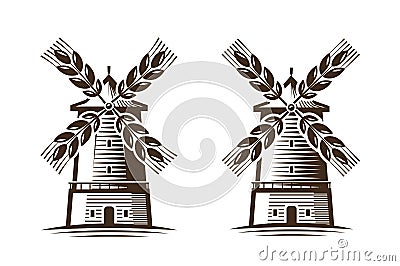 Mill, windmill icon. Agriculture, agribusiness, bakery logo or label Vector Illustration