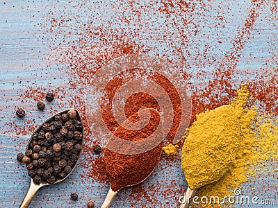 Milled spices - turmeric, curry, black pepper, paprika in golden Stock Photo