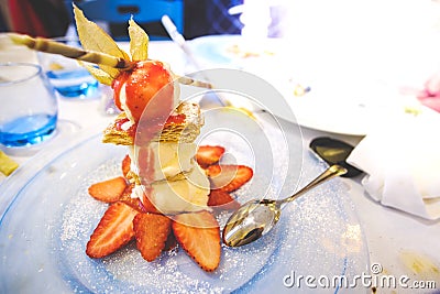 millefoglie or mille feuille with ice cream and strawberry desse Stock Photo