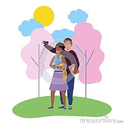 Millenial couple date nature background Vector Illustration