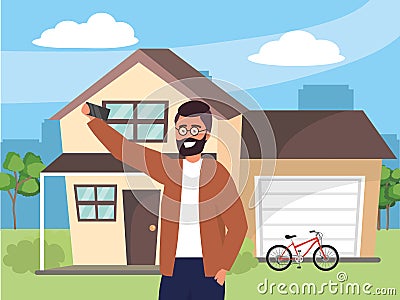 Millenial in house front porch background Vector Illustration