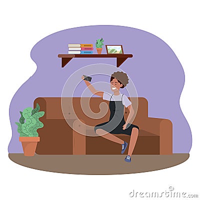 Millenial person sitting using smartphone indoors background frame Vector Illustration