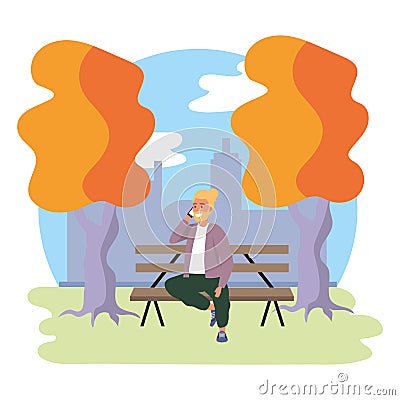 Millenial sitting on park bench outdoors Vector Illustration