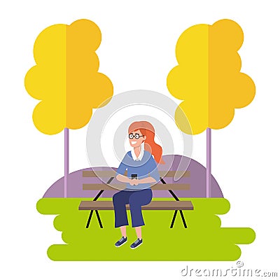 Millenial sitting on park bench outdoors Vector Illustration