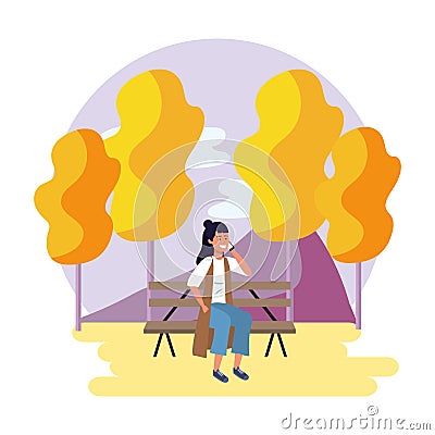 Millenial sitting on park bench outdoors Vector Illustration