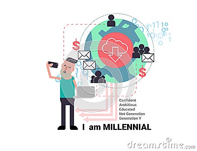 Millenial young man taking selfie with social network business Vector Illustration