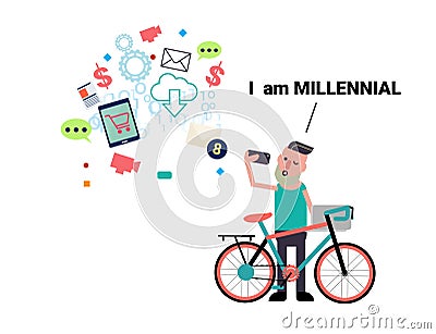 Millenial young man taking selfie with social network business Vector Illustration