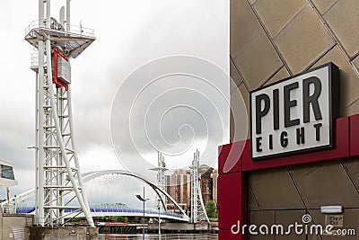 Millenium bridge and Pier Eight sign at the Salford Quays Editorial Stock Photo