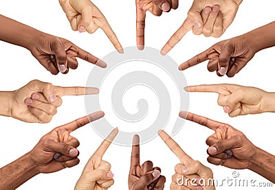 Millennial African American and European male hands pointing by finger to center with free space Stock Photo