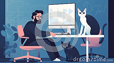 Casual freelancer man from remote work or programming playing with cats sit on desk. generative ai Stock Photo