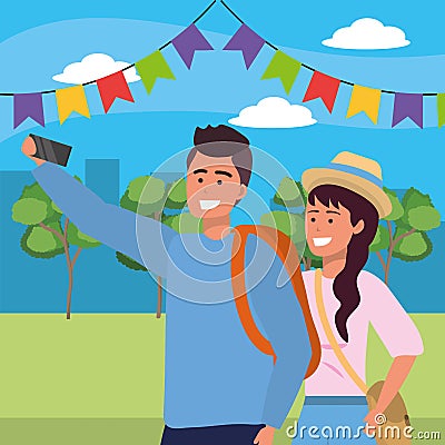 Millennial couple date park background Vector Illustration