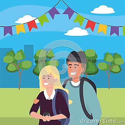 Millennial couple outdoors park background Vector Illustration