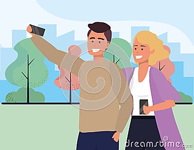 Millennial couple smartphone taking selfie outdoors background Vector Illustration