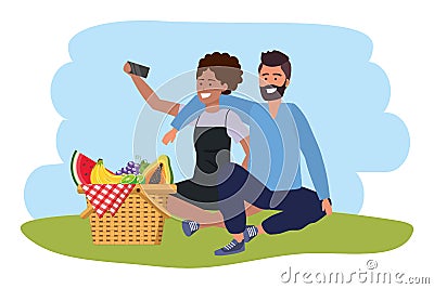 Millennial couple smartphone taking selfie picnic Vector Illustration