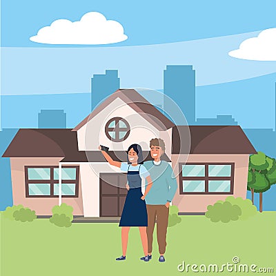 Millennial couple smiling selfie house background Vector Illustration